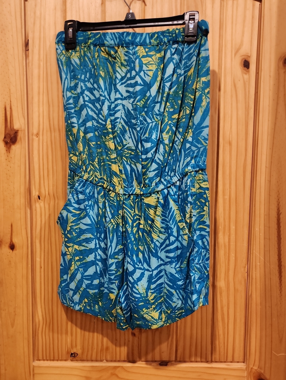 Angie Tropical Strapless Romper in Teal & Yellow
